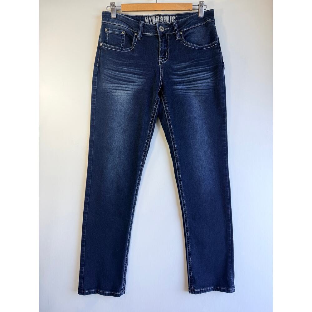 Hydraulic Dark Wash Straight Leg Jeans Size 8 Thick Contrast Stitch Blue Denim